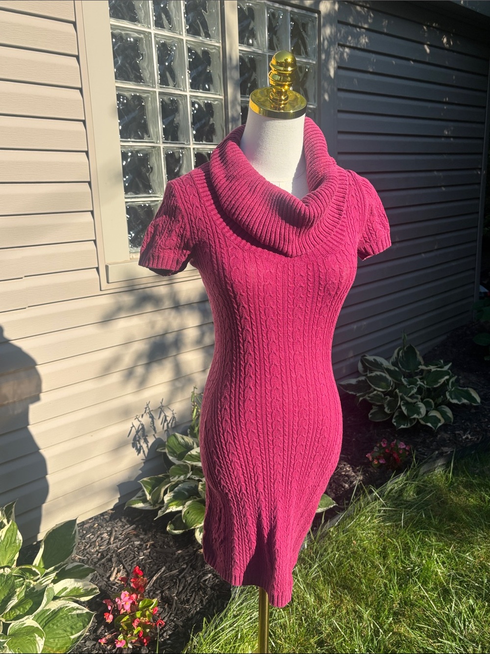 BCBGMaxAzria Hot Pink Cowl-Neck Cable Knit Midi Dress